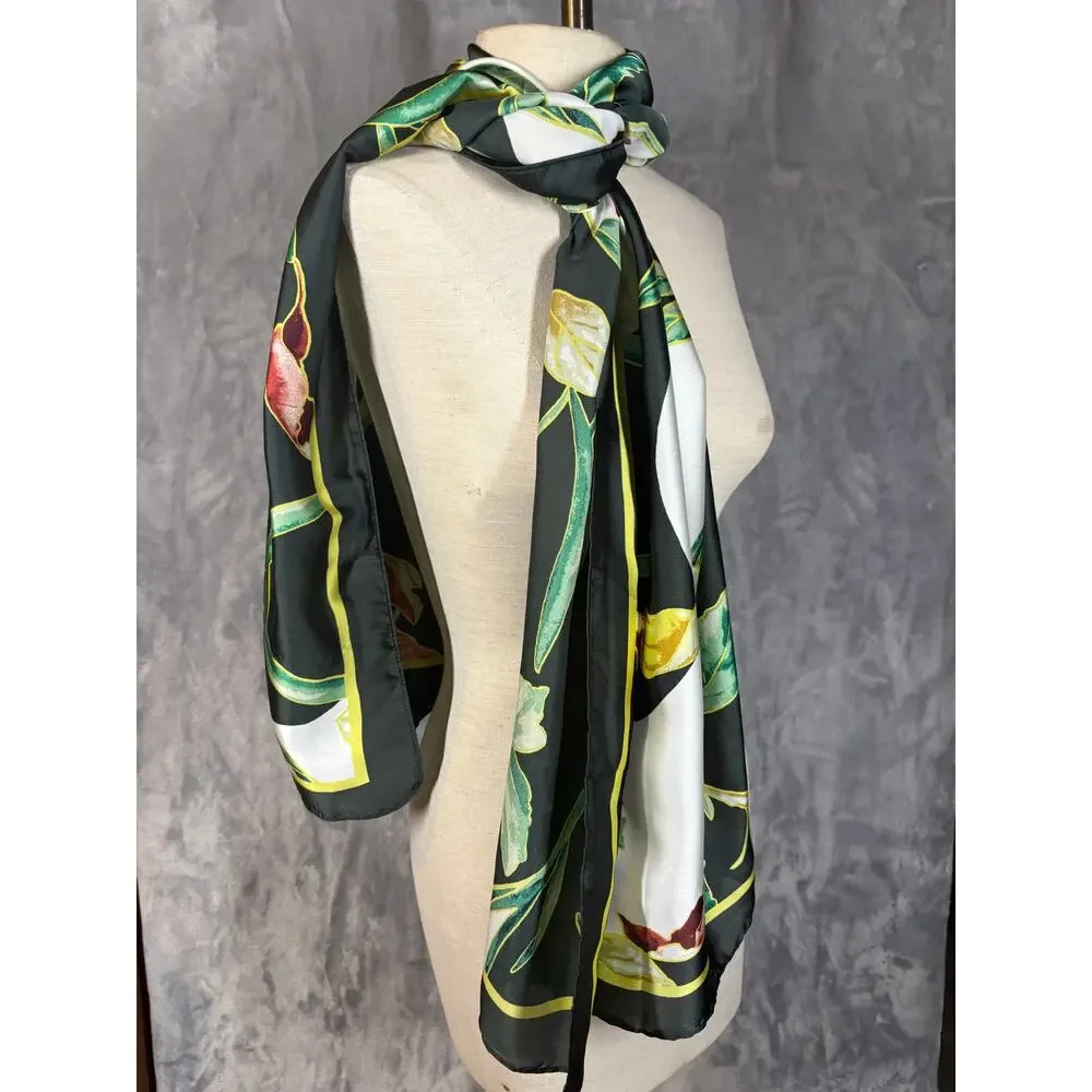 NWT White House Black Market Green‎ Floral Faux Silk Scarf Wrap Artsy Shawl